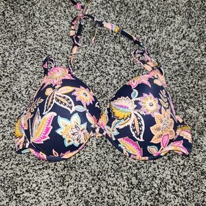 Shade & Shore Navy Blue Floral Gold Wave Ruffle Bikini‎ Push Up Bra Top 36C Swim